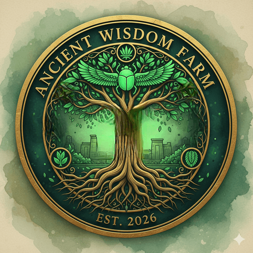 Ancient Wisdom Farm seal — Tree of Life with winged scarab, EST. 2026